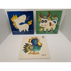 Set of 3 Adams Ceramic Animal Tiles Horse Cow Rooster Colorful Glazed Artwork
